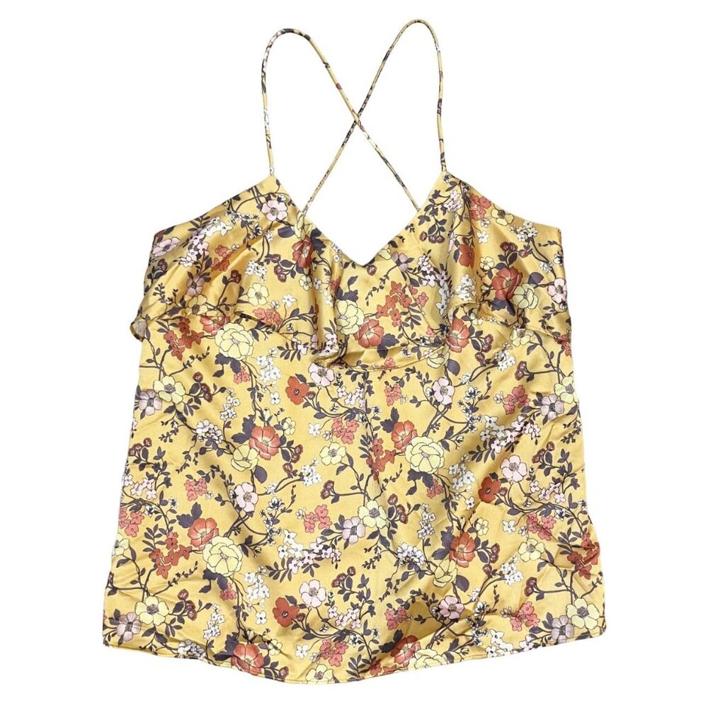 Anthropologie Harlyn Yellow Floral‎ Satin Ruffle Cami Tank Top - Size XS